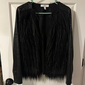 Faux fur jacket with crackle print fabric, size large